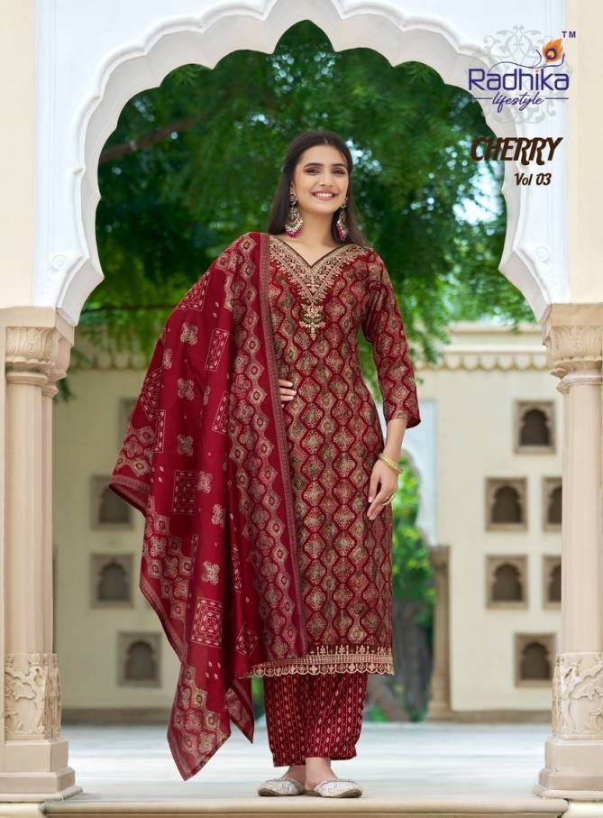 Cherry Vol 3 By Radhika Printed Embroidery Kurti With Bottom Dupatta Wholesale Market In Surat
